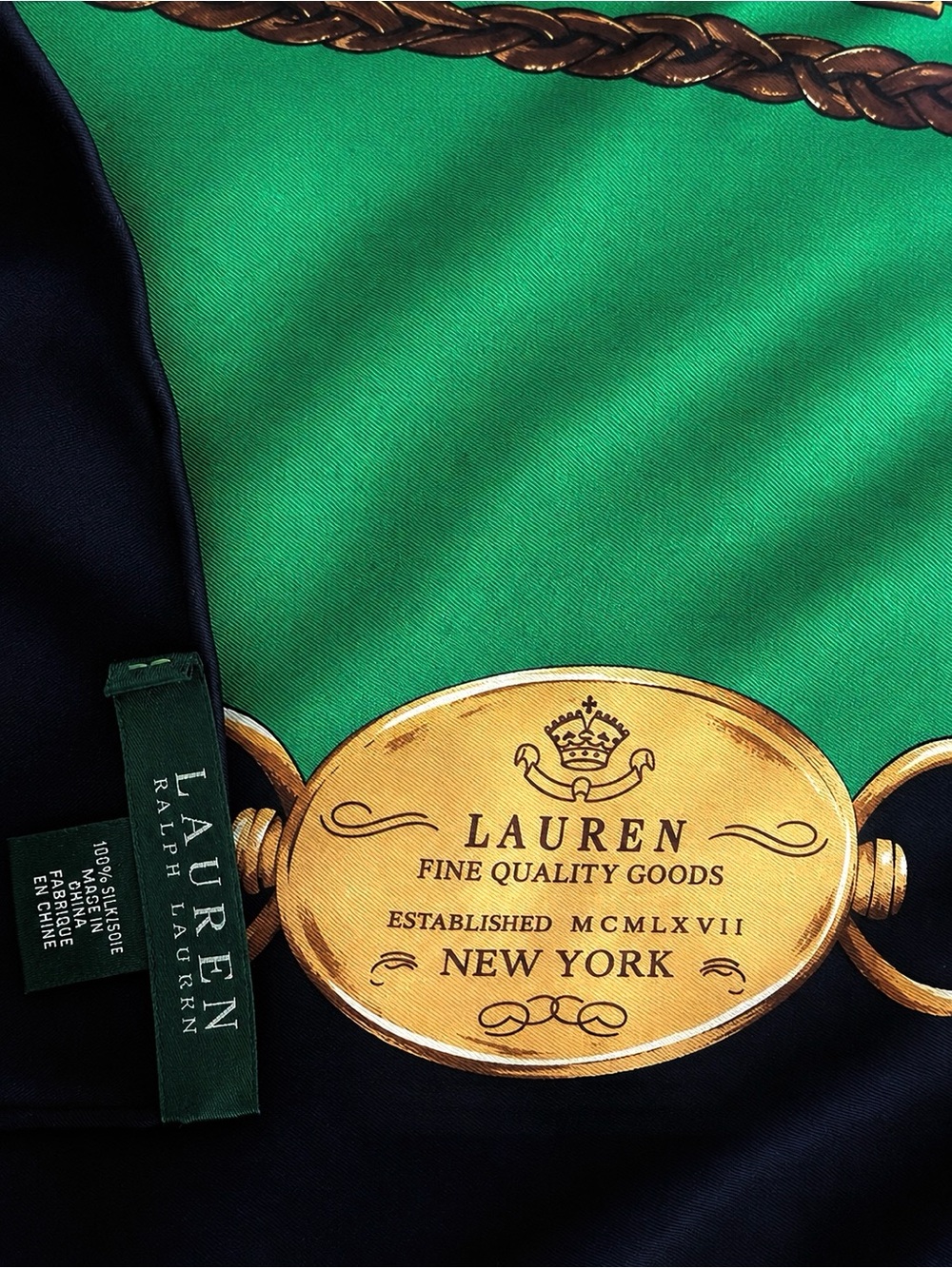 Lauren Ralph Lauren 100% Silk Equestrian Scarf Green Black Brown Horse Bit Scarf - Picture 2 of 3
